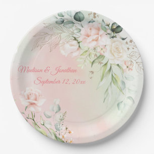Plato De Papel Boda Floral Elegante Moda Rosa Girly Nombre de gui