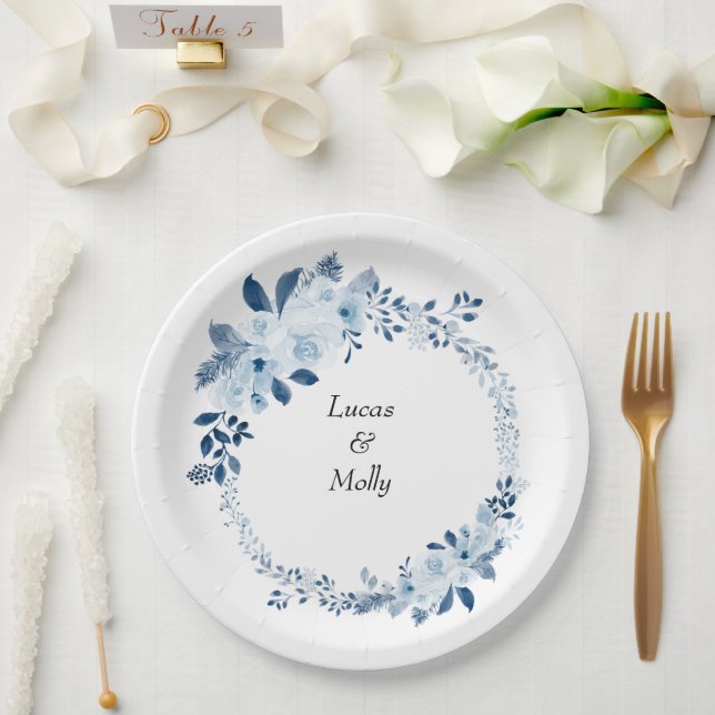 Plato De Papel Boda floral francesa azul moderna (Boda)