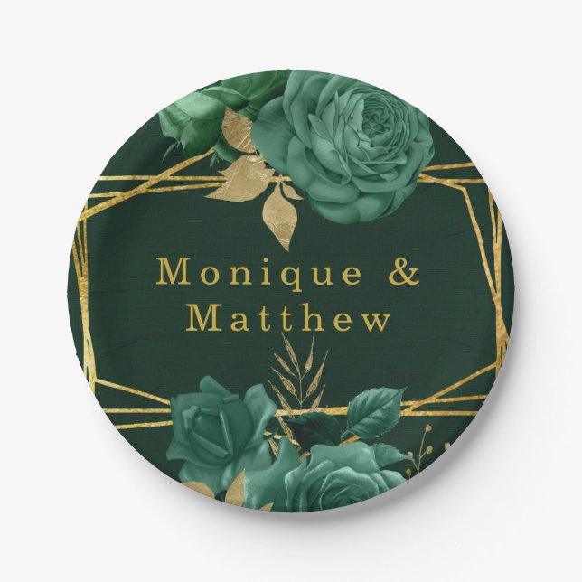 Plato De Papel Boda floral geométrica de oro verde esmeralda (Anverso)