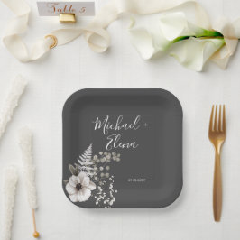 Plato De Papel Boda floral gris oscuro y blanco