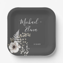 Plato De Papel Boda floral gris oscuro y blanco