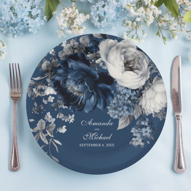 Plato De Papel Boda floral gris y azul moderno (Modern Blues & Gray Floral Wedding Paper Plates)