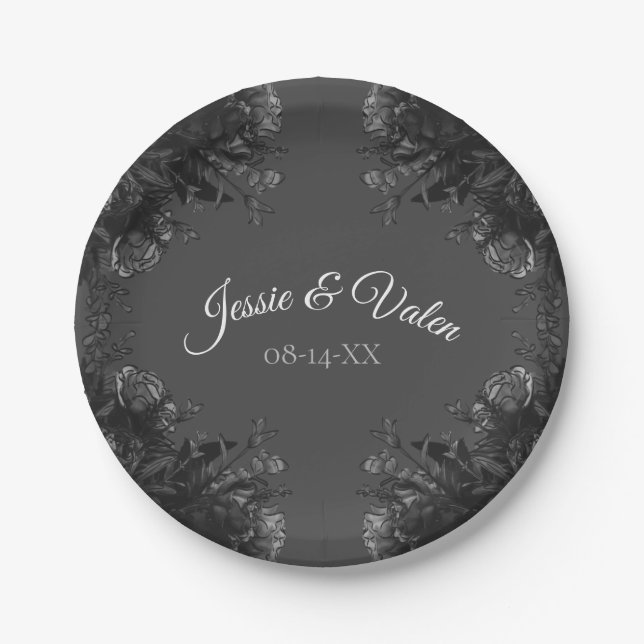 Plato De Papel Boda floral gris y negro (Anverso)