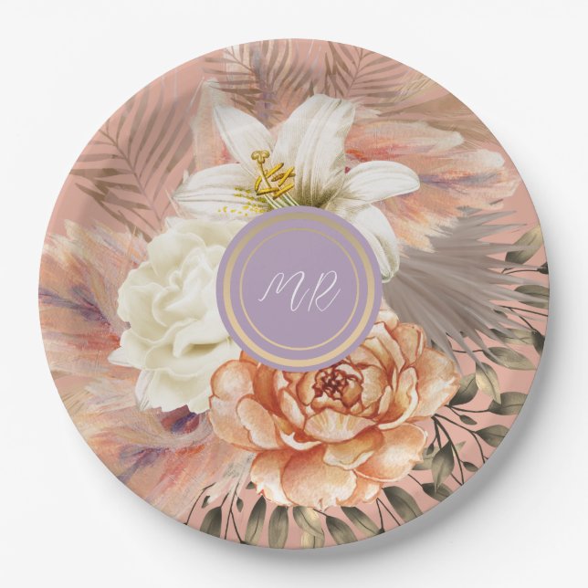 Plato De Papel Boda Floral Lila Melocotón (Anverso)