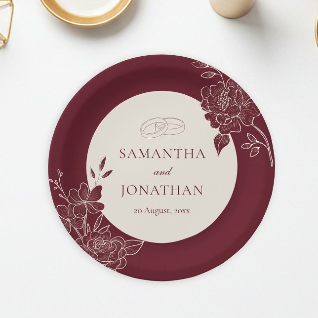 Plato De Papel Boda Floral Marrón Profundo Círculo de Marfil (Deep Burgundy Floral Line Art with Ivory Wedding Paper Plate)