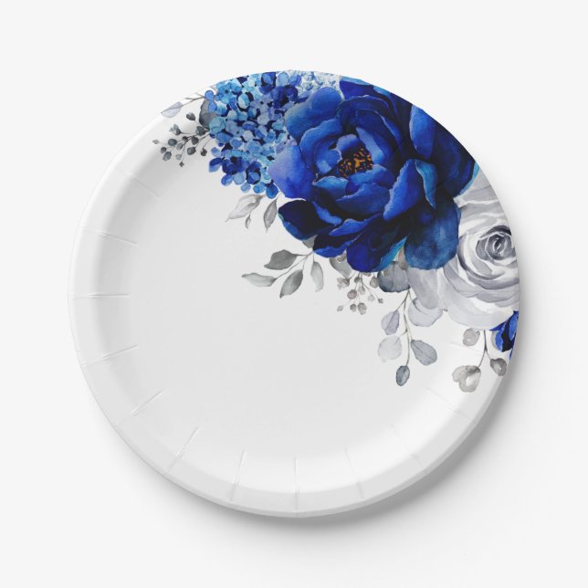Plato De Papel Boda floral metálico plateado azul real Pa (Anverso)