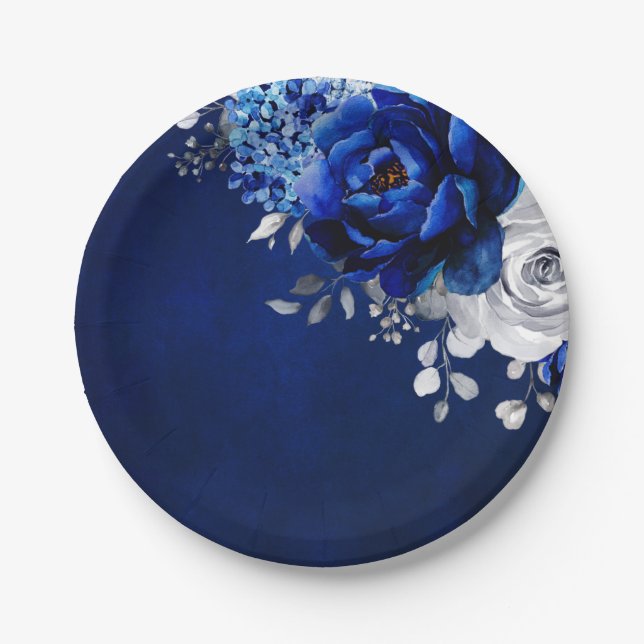 Plato De Papel Boda floral metálico plateado azul real Pa (Anverso)