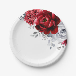Plato De Papel Boda floral metálico plateado rojo brillante