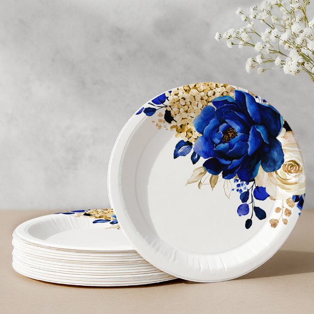 Plato De Papel Boda floral metálico Royal Blue Yellow Gold (Royal Blue Yellow Gold Metallic Floral Wedding Paper Plates)