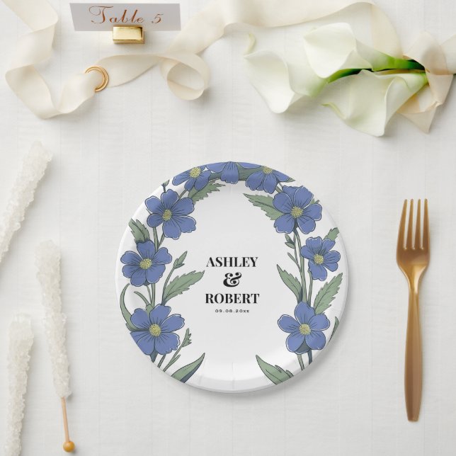 Plato De Papel Boda floral moderna azul pervinca (Boda)