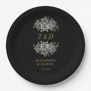 Plato De Papel Boda Floral Monograma Goth de Oro Negro