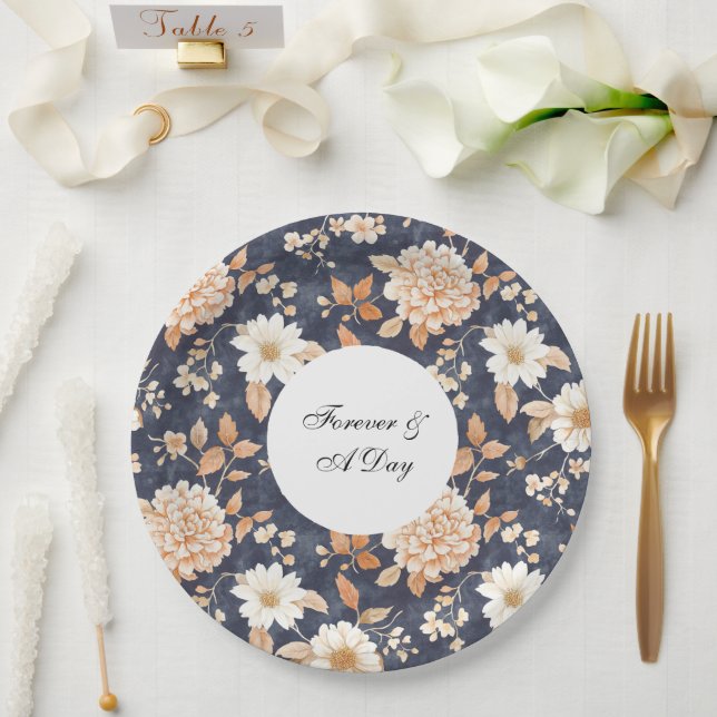 Plato De Papel Boda floral Navy Blue Cream Peach (Boda)