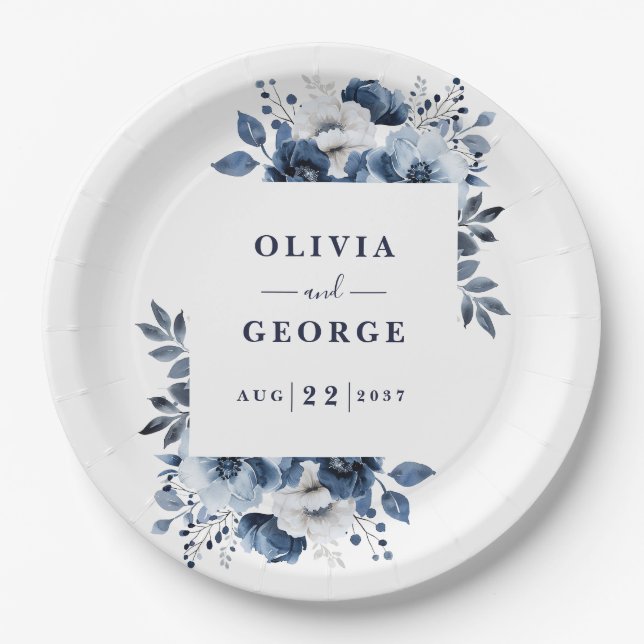Plato De Papel Boda floral Navy Blue Elegant Country (Anverso)