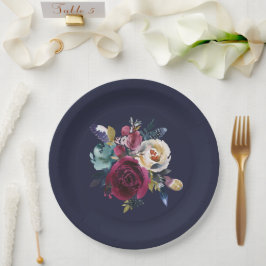 Plato De Papel Boda floral Navy Burgundy Merlot