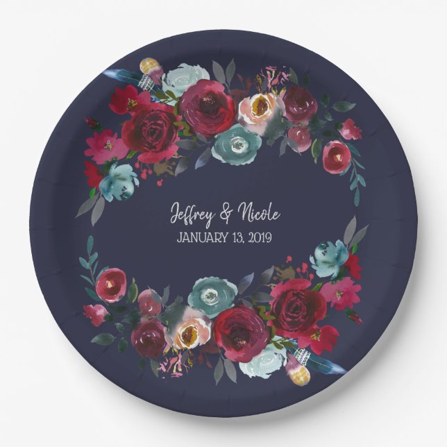 Plato De Papel Boda floral Navy Burgundy Merlot (Anverso)