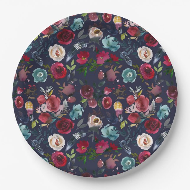 Plato De Papel Boda floral Navy Burgundy Merlot (Anverso)
