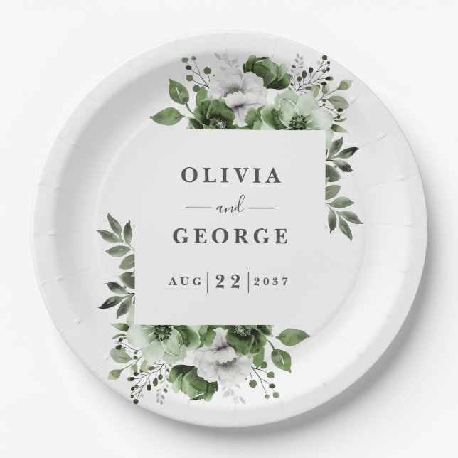 Plato De Papel Boda floral Olive Green Elegant Country (Anverso)