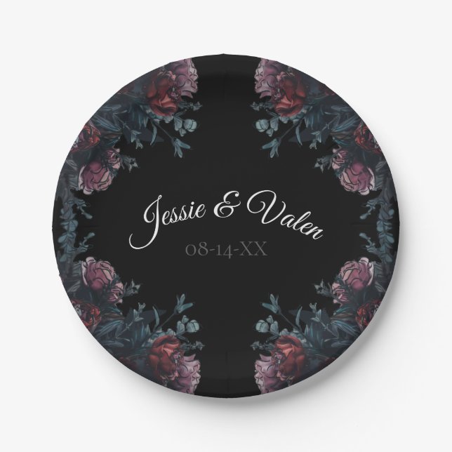 Plato De Papel Boda floral oscuro Gothic Black Elegant (Anverso)