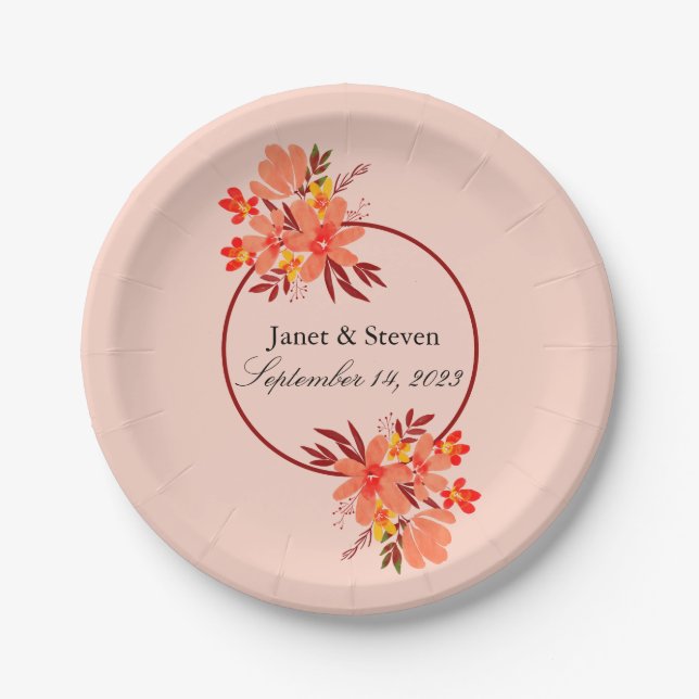 Plato De Papel Boda floral otoño Naranja Gold Brown (Anverso)