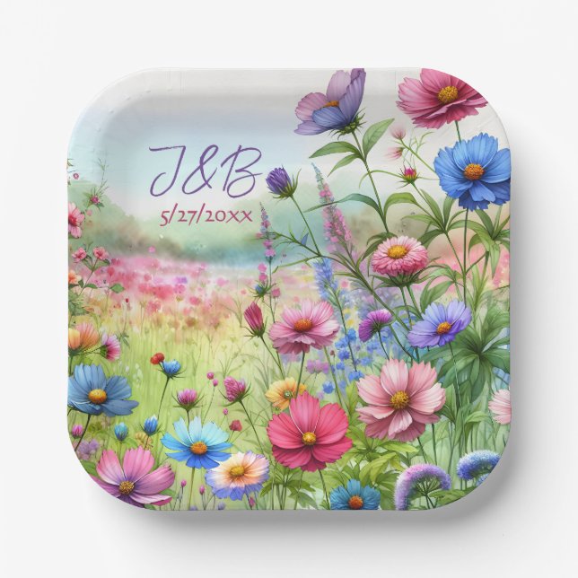Plato De Papel Boda Floral Personalizada Personalizada (Anverso)