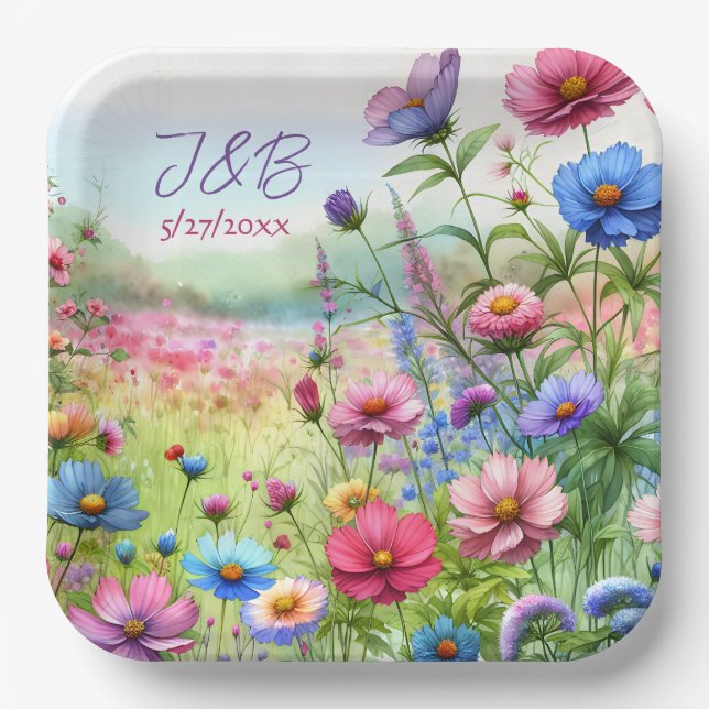 Plato De Papel Boda floral personalizada personalizada (Anverso)
