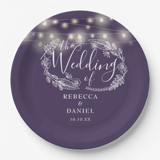 Plato De Papel Boda Floral Purple Script de las luces de cadena (Anverso)