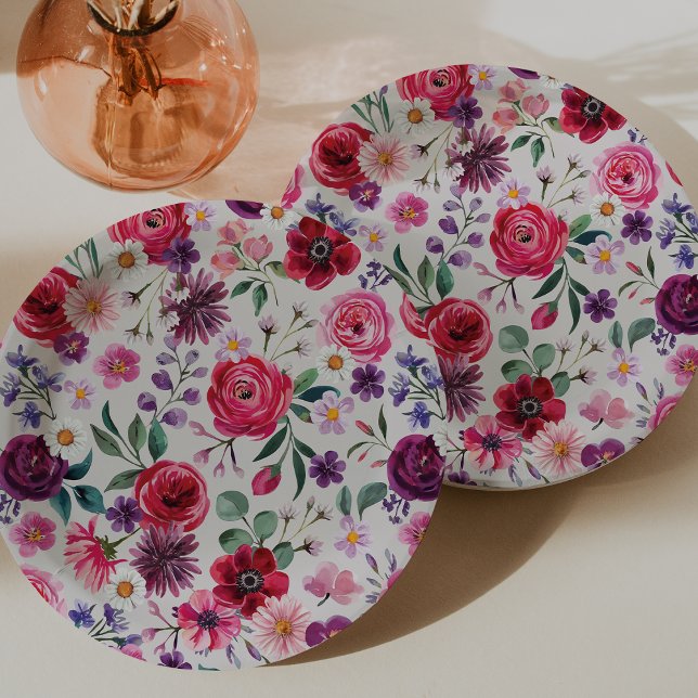 Plato De Papel Boda Floral Rojo (Red Floral Watercolor Wedding Paper Plates by Painted Paperie
)