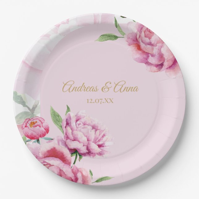 Plato De Papel Boda floral rosa  (Anverso)