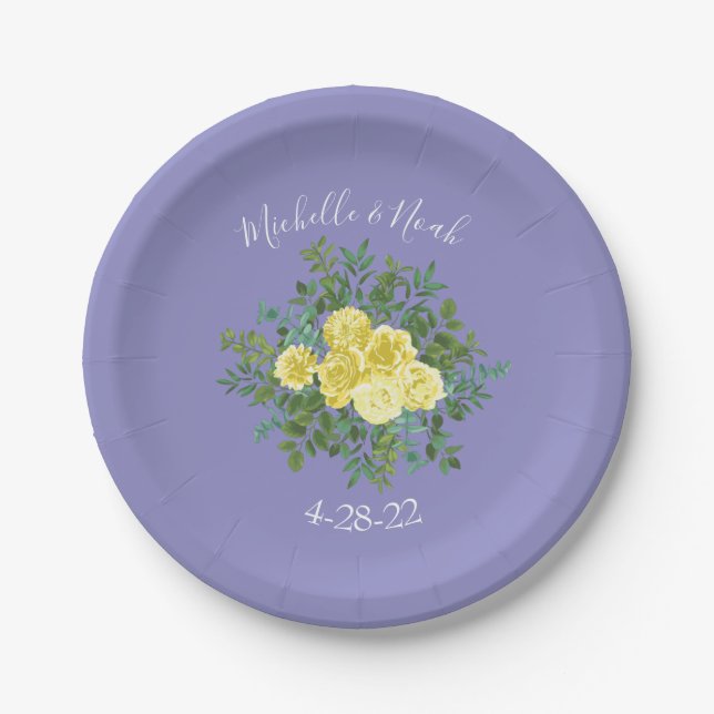 Plato De Papel Boda floral Rosa azul amarillo claro (Anverso)