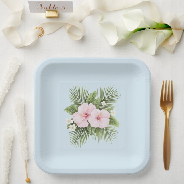 Plato De Papel Boda floral rosa azul tropical Hibiscus (Boda)
