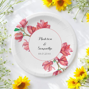 Plato De Papel Boda floral rosa Magnolia blanca acuarela