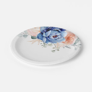 Plato De Papel Boda floral rosa Rubor con pizarra azul turbia