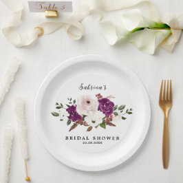 Plato De Papel Boda floral rosa Rubor de ciruela morada moderna