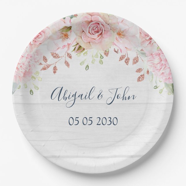 Plato De Papel Boda Floral Rosa Rústica de Primavera (Anverso)