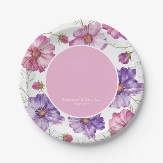Plato De Papel Boda floral rosado morado (Anverso)