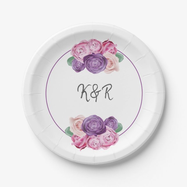 Plato De Papel Boda floral Roses ultravioleta y rosa (Anverso)