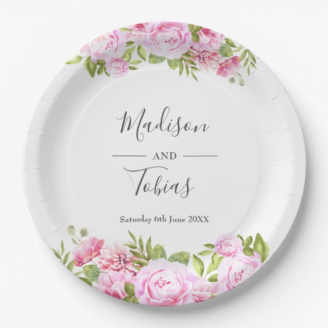 Plato De Papel Boda floral Rubor Pink Peony Greenery (Anverso)