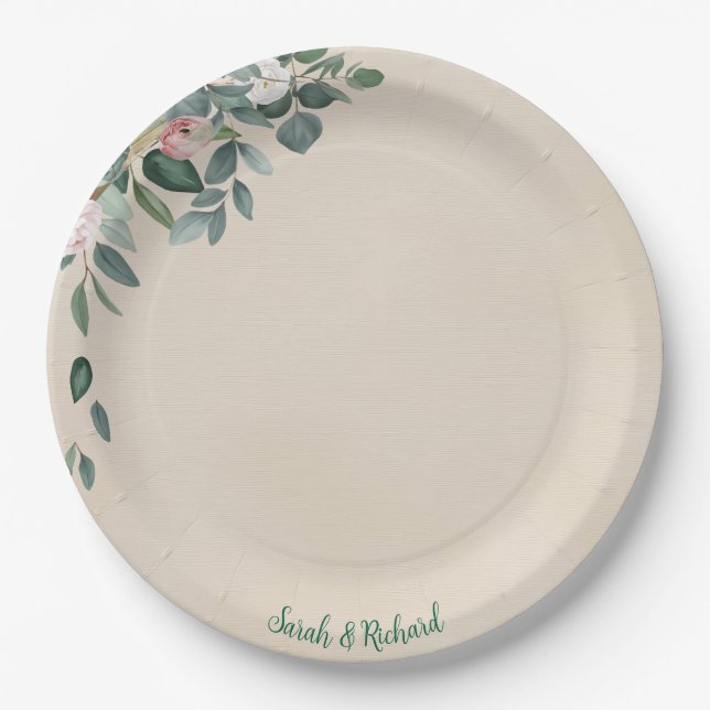Plato De Papel Boda floral Rubor Sage (Anverso)