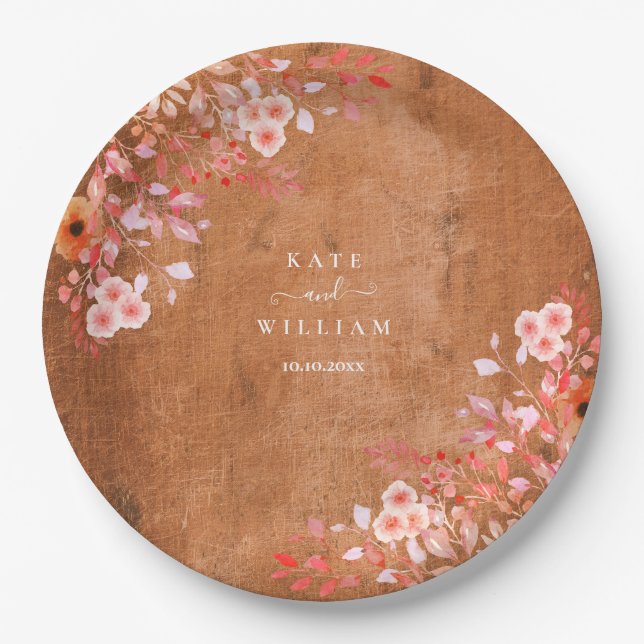 Plato De Papel Boda floral Rustic Wood Peach Wildflowers (Anverso)