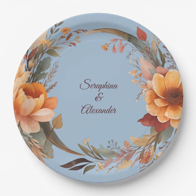 Plato De Papel Boda Floral Rústica de Acuarela de Otoño (Anverso)