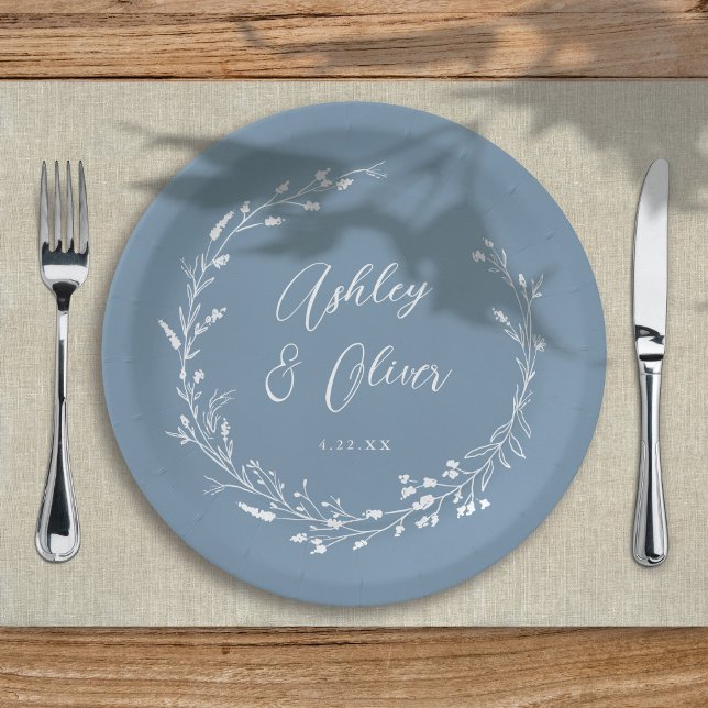 Plato De Papel Boda floral rústico Boho Dusty Blue Wildflower (Subido por el creador)