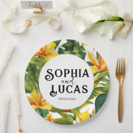 Plato De Papel Boda floral tropical amarillo