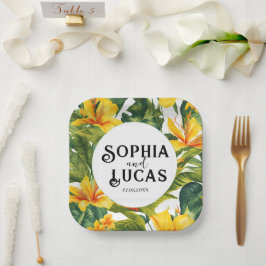 Plato De Papel Boda floral tropical amarillo