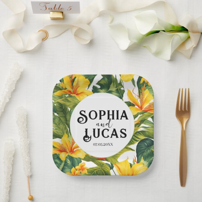 Plato De Papel Boda floral tropical amarillo (Boda)