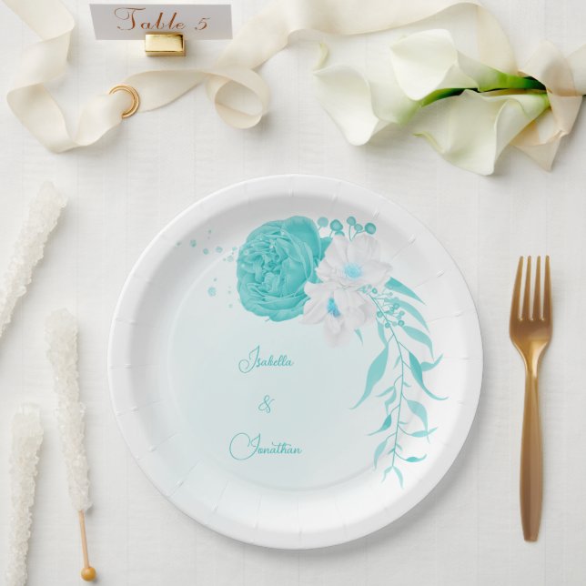Plato De Papel boda floral turquesa y blanco (Boda)