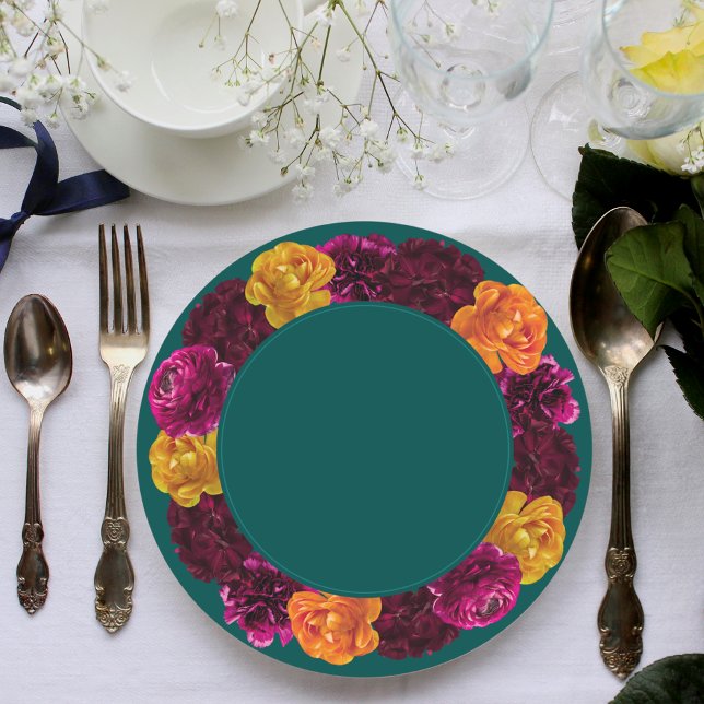 Plato De Papel Boda floral verde verde rosa caliente amarillo est (Subido por el creador)