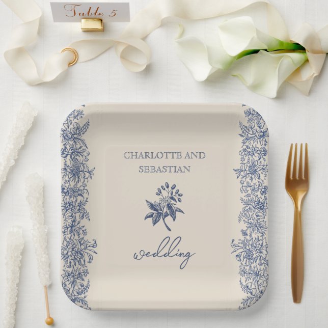 Plato De Papel Boda floral vintage azul (Boda)
