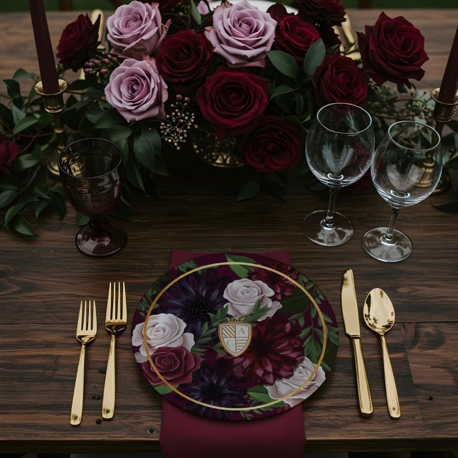 Plato De Papel Boda floral y Escudo de fantasías medievales Royal (Royal Muse Medieval Fantasy Crest & Floral Wedding Paper Plates)