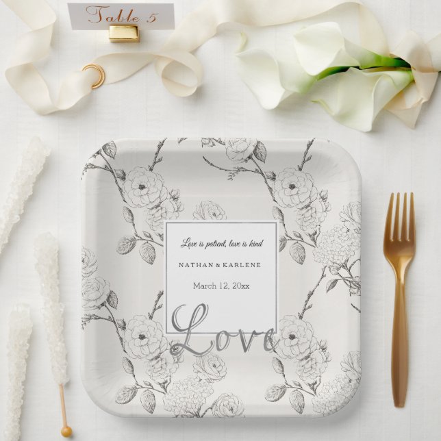 Plato De Papel Boda Flores de Otoño Negro Crema Amor  (Boda)