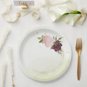 Plato De Papel boda flores rosadas verde cabernet